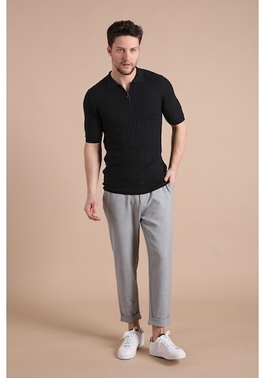 Ferraro Siyah Polo Yaka Fermuarlı Erkek Pamuk Triko T-Shirt-Siyah (417942274) Siyah