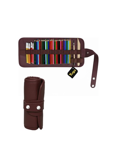 Yuga Suni Deri 36 Gözlü Rulo Kalemlik Bordo Bordo