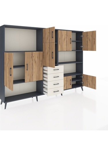 Arges Dolap 9 Raflı 4 Çekmeceli 8 Kapaklı 220x30x163 Antrasit-çam Antrasit-çam/aytaşı