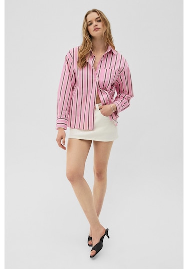 Grimelange Grımelange Mırel Kadın Oversize Fit %100 Organik Pamuklu Pembe Çizgili Gömlek