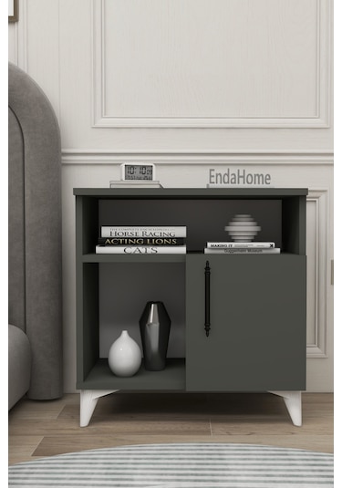 Melina Tek Kapaklı 2 Raflı Bölmeli Komodin & Şifonyer Yatak Odası Başucudüzenleyici Komidin Antrasit