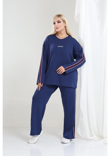 Kadın Büyük Beden Uzun Kollu Şerit Detaylı Oysho Tarzı Modal Kumaş Takım Lacivert