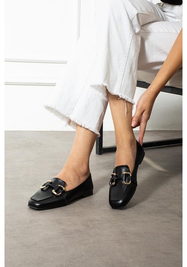 Zenneshoes Kadın Siyah Deri Babet Siyah 6 Cm