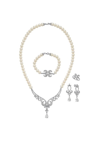 8,5 Mm Koç Başı Zirkon Taşlı İnci Kolye Bileklik Küpe Yüzük Dörtlü Set 8 / Beyaz Gümüş