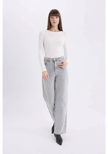 Defacto Slim Fit Basic Fitilli Kaşkorse Ekru Kadın Uzun Kollu T-shirt E5767ax/er105 Ekru