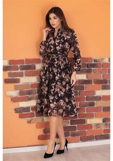 Neşeli Butik Kadın Siyah Kemerli Çiçek Desenli Şifon Elbise Ry0031 Siyah