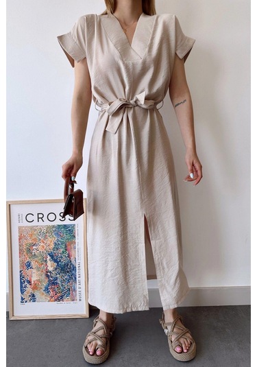 Kadın Taş Kısa Kol, V Yaka, Düz Renk Desen, Basic Kalıp/kesim, Aerobin Kumaş, Kuşaklı Maxi Elbise Taş