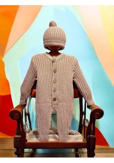 Bebek Örgü Fitilli Bereli Kışlık Tulum-15298 Gül Kurusu