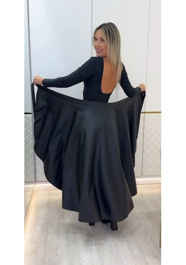 Moderie Butik Kadın Belden Kuşaklı Uzun Deri Etek Siyah
