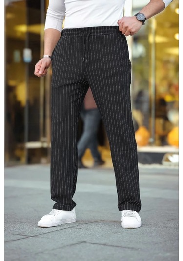 Tarzyeri Erkek Cizgili Dokuma Krep Jogger Buggy Pantalon Rahat Kalıp - Siyah