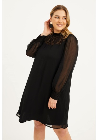 Astarlı Şifon Dantel Detay Elbise-1525 Siyah