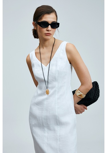 Lufian Honey Kadın Kolsuz Keten Elbise Beyaz Beyaz 121290016100500 Beyaz