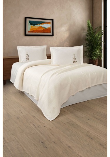 Çift Kişilik 4 Parça Pike Takımı Çeyizlik, Pamuklu Pike Seti Legacy-krem Krem