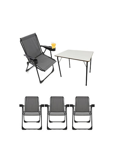Silva 4 Adet Kamp Sandalyesi Bardaklıklı Lüks Gri + MDF Masa Gri