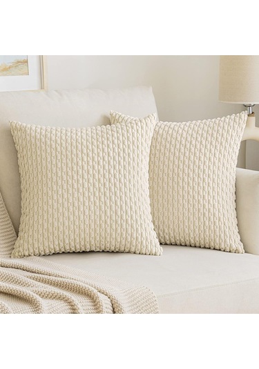 Moveevo Ev Dekorasyonu Yumuşak Plüsh Yastık Kılıfı 2 Adet, 18x18 İnç, Bej, Çekmeceli Desen, İç Dolgu Yok Diğer