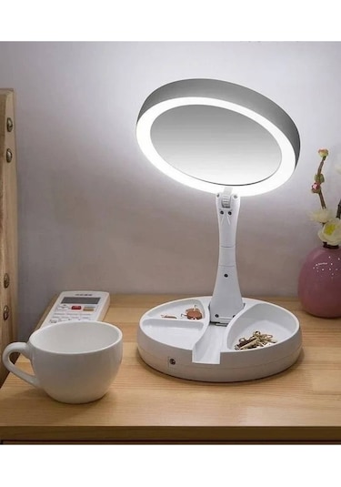 10x Büyütme Çift Taraflı Makyaj Ayna Katlanabilir 21 Led Işıklı Makyaj Aynası Usb Kablo Beyaz