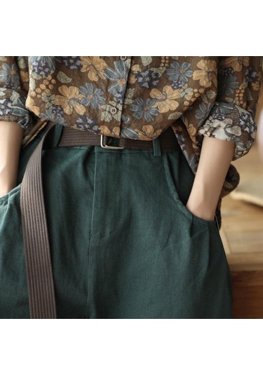 Kadın Baskılı Pamuk Keten Gömlek Kadın Rahat İlkbahar Ve Sonbahar Vintage Uzun Kollu Gömlek Üst Kahve Kahverengi