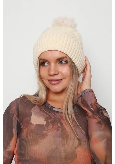 Kalın Ponponlu İçi Yünlü Kadın Bere Rkş-17 Bej Bej