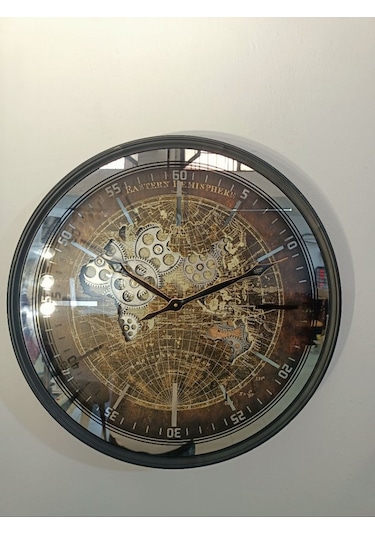 Biev Metal Çarklı Dünya Saat 60 Cm Kahverengi - Siyah