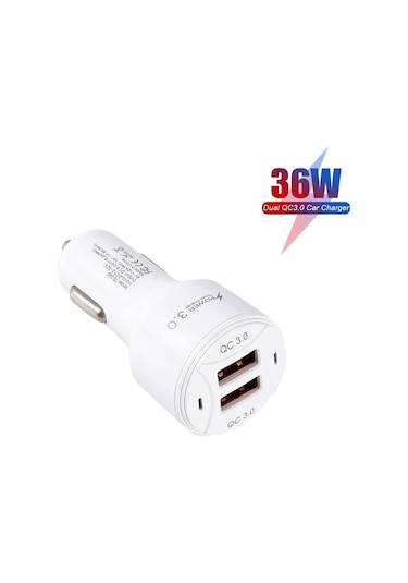 Te-092 36w Çift Qc3.0 Usb Hızlı Araç Şarj Cihazı + Usb'den Mikro Usb'ye Veri Kablosu Seti Beyaz