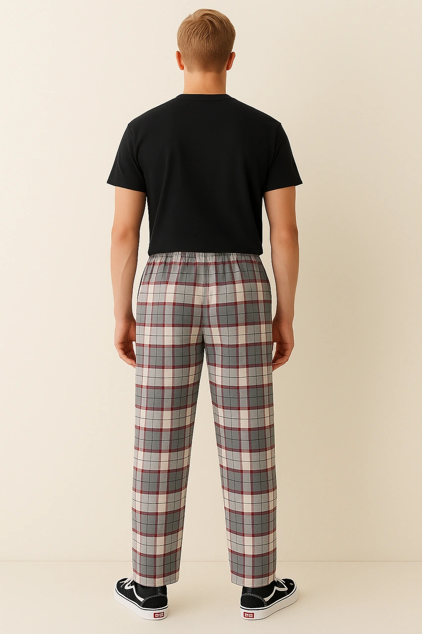 Erkek %100 Pamuk Cepli Ekose Pijama Altı Gri Gri Ekose