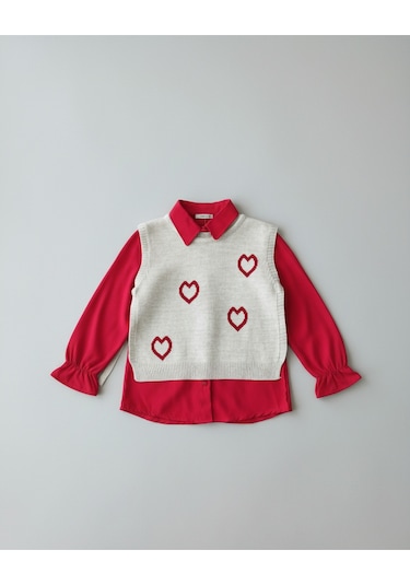 Kalp Desenli Yelekli Üçlü Takım Kız Çocuk Kırmızı