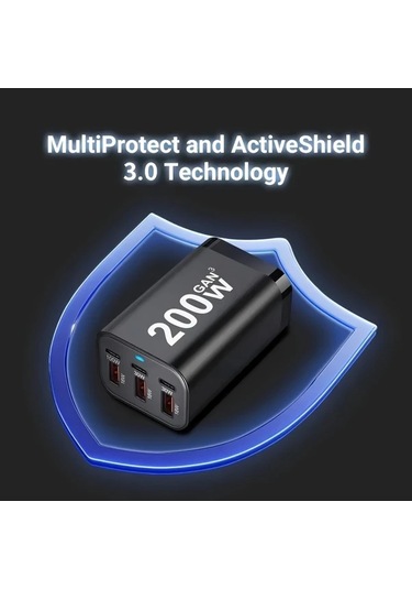 Topshop1 Siyah Yms-618 200w Gan Iıı 6 Portlu Usb C Şarj Aleti Qc3 1 Pd 100w Dizüstü Şarj Adaptörü Macbook İphone Uyumlu Galaxy Uyumlu S24 S23 S22 İçin