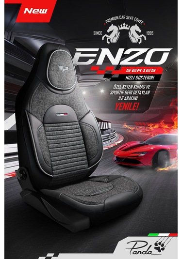 Füme - Gri Panda Enzo Serisi Keten Kumaş Oto Koltuk Kılıfı - Tam Set