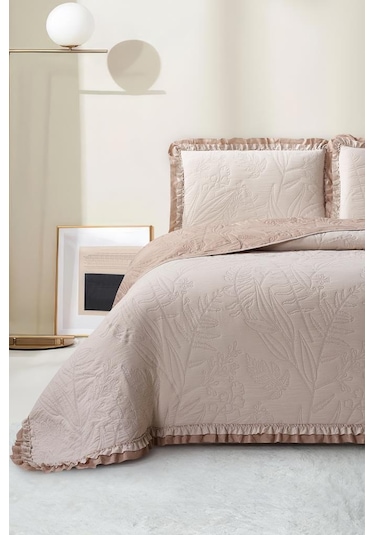 Madrid Elyaf Dolgulu Çift Kişilik 240x260 Cm Yatak Örtüsü Bej Bej