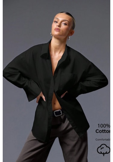 Tarz Cool Kadın Oversize Gömlek Uzun Kollu Basic Salaş Kesim Poplin Trend Şık Günlük Gömlek Siyah