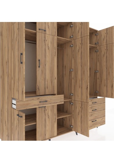 Kronos Dolap 8 Raflı 4 Çekmeceli 3 Askılı 220x59x243 Çam-çam/çam Atlas Çam/atlas Çam