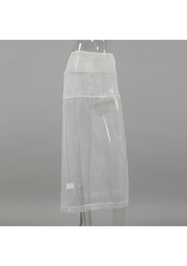 Seksi Şeffaf File Etek Kadın Beyaz Yüksek Bel Yırtmaçlı Bol Uzun Etekler Sonbahar Sokak Modası Kulüp Parti Eteği Kadın Beyaz