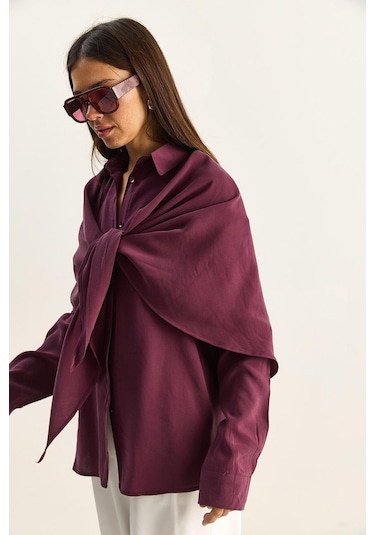 Shade Kadın Şal Aksesuarlı Oversize Modal Gömlek 340 60286164 - Mürdüm MÜRDÜM