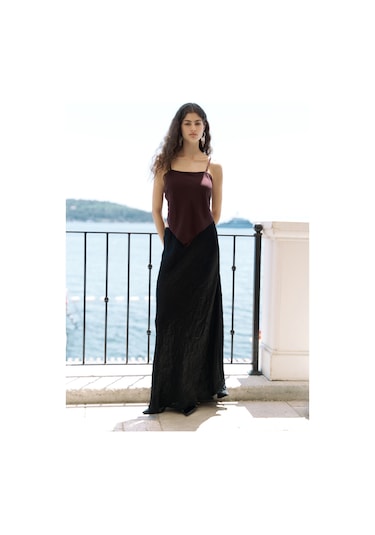 Eubah Kırışık Uzun Siyah Saten Etek Siyah