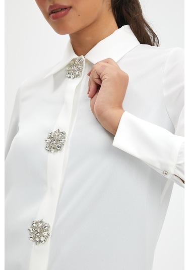 Kadın Taş Düğme Detaylı Gömlek -Ekru