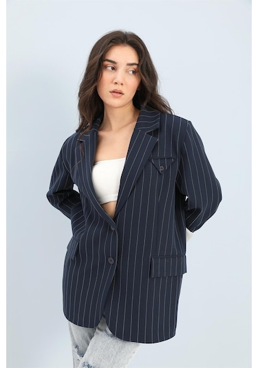 Blazer Ceket Çizgili Atlas Kumaş - Lacivert-lacivert Lacivert