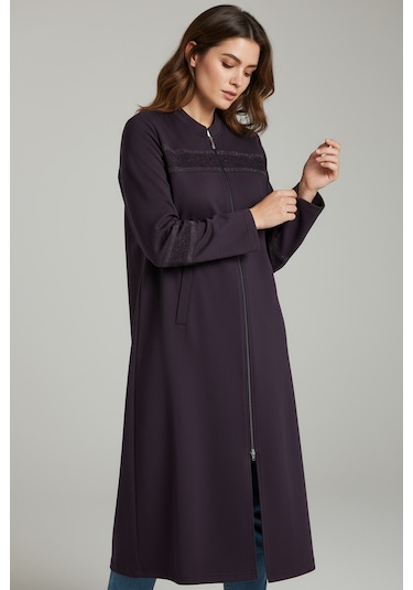 Kadın Önü Fermuarlı Desenli Cepli Mevsimlik Kap Mor