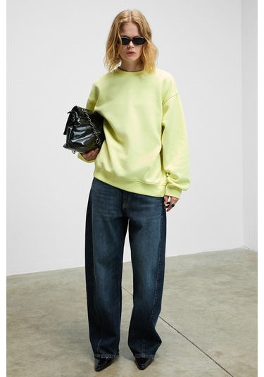 KARIUS Kadın Organik Pamuklu İçi Polarlı Oversize Yuvarlak Yakalı Sarı Sweatshirt