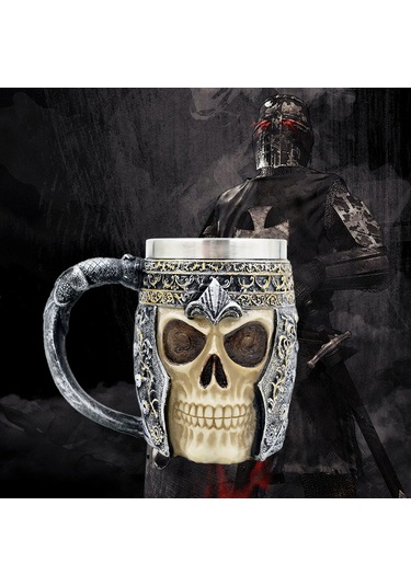 Xindoker 3d Tasarım Kupa - 450ml Paslanmaz Çelik Ve Rezinden, Ev, Bar Ve Restoranlar İçin İdeal - Kafatası Şövalye Temalı Çok Renkli