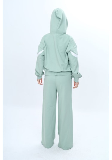 Kız Çocuk %100 Pamuk Garnili Kapüşonlu Fermuarlı Oversize Alt&üst Trend Eşofman Takımı-315-eşt-0003 Su Yeşili