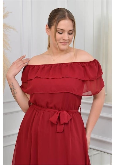 Dip Moda Kadın Şifon Kuşaklı Büyük Beden Elbise Dpnb8061 Bordo