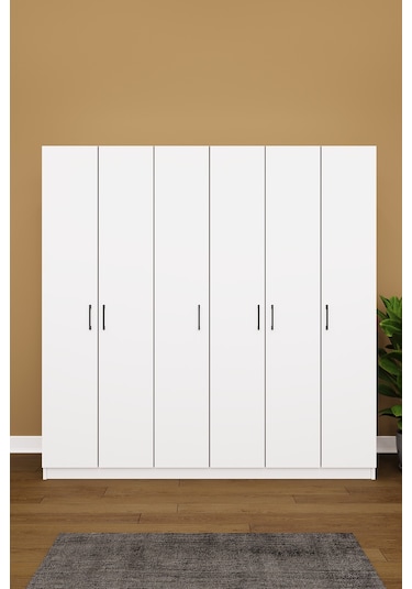 Asra Trend 6 Kapaklı Gardırop G-06 %100 MDF Çift Katlı Askılı Elbise Dolabı Beyaz