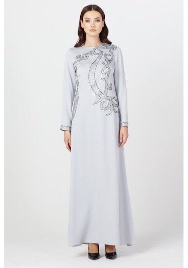 Gri - Önü Desenli Abiye Elbise Gri