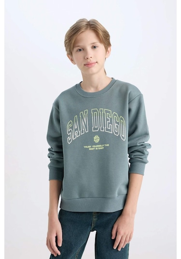 DeFacto Erkek Çocuk Bisiklet Yaka Baskılı Kalın Sweatshirt D3031A824WNGN1249