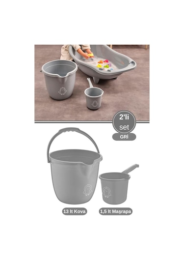 2 Li Bebek Banyo Su Kovası Ve Maşrapası Seti, Saplı Oluklu Kova 13lt Ve Maşrapa 1,5lt Set Gri Gri