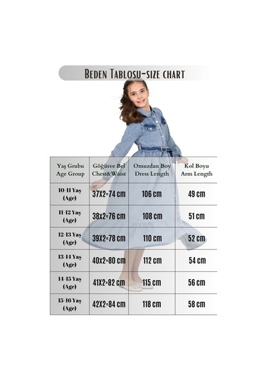 Kız Çocuk Kot Elbise Denim Kumaş Pamuklu Uzun Kot Jean Elbise Buz Mavi