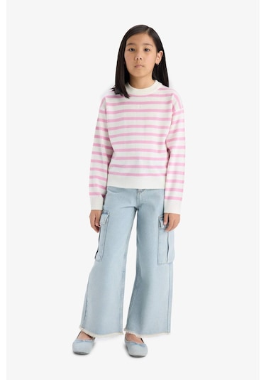 Defacto Kız Çocuk Standart Fit Bisiklet Yaka Çizgili Kazak C6903a825aupn444 Pembe