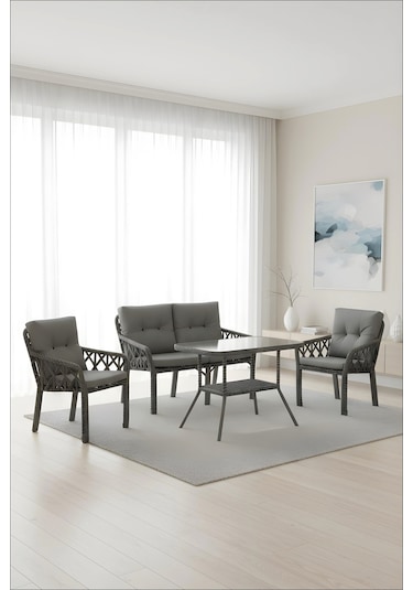Lumisgarden Neva Rattan Bahçe Takımı 2+1+1 +masa Gri