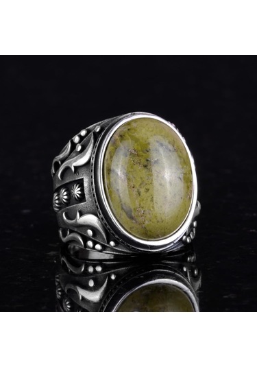 El Yapımı 925k Katı Sterlin Gümüş Erkek Yüzük, Gerçek Doğal Unakite Taşı Yüzük, Sanatsal Tasarım Gümüş