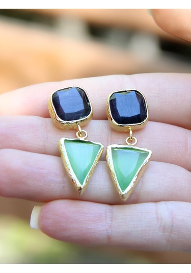 Kare Üçgen Modelli Kedigözü Cam Gold Kaplamalı Kadın Küpe Euku24sy Yeşil